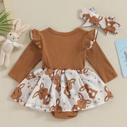 Clothing Sets Infant Baby Girl Easter Outfit Long Sleeve Crew Neck Flower Print A-line Romper Dress With Headband Clothes