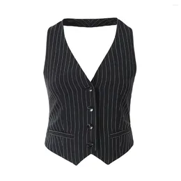 Women's Tanks Women Fashion Vertical Stripe Vest Coat Vintage V-neck Sleeveless Backless Button All-match Casual Female Waistcoat Chic Top