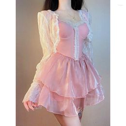 Women's Swimwear Lolita Princess Sweet Lace Patchwork Mini Dress Ruffle Push Up Fairy Swimsuit Beach Cover Ups For Two Piece Set