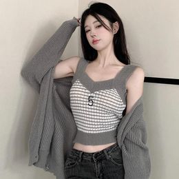 Women's Tanks Women Ulzzang Chic Camisoles Spaghetti Straps Patchwork Knitted Crop Tops Summer Students All-match Korean Style