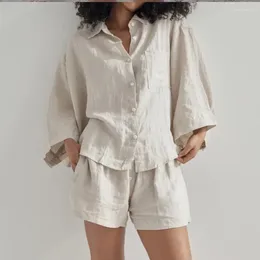 Women's Shorts Summer Oversized Casual Linen Solid Women Set Loose Single-breasted Shirt And Elastic Waist Trousers Ladies 2 Pieces Sets