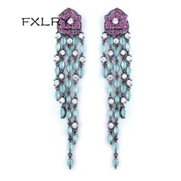 FXLRY Luxury long black gun plated vintage purple rose flower with green tassel earring for women Jewellery 240122