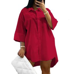 Plus Size 5XL Women Shirt Dress Solid Colour Turn-down Collar Summer Mini Dress Lady Casual Loose Irregular Beach Dress Vestidos 240202