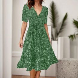 Casual Dresses Women Fashion Elegant V Neck Short Sleeve Pleated Belt Tie Dress Temperament Vintage Polka Dot Printed