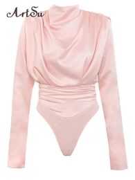 Artsu Elegant Satin Pink Blouse Long Sleeve Bodysuits Tops Women Spring Romper Mujer Ladies Cute Shirts ASJU60703 240127