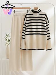 Autumn Winter Women Pullover Pants Sets 2-piece Set Striped High Neck Sweater Wide Leg Pants Knit Set Fashion Casual Womens Set 240202