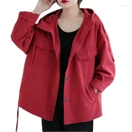 Women's Jackets 2024 Spring Autumn Clothing Retro Fashion Red Black Hooded Coat Drawstring Casual Thin Shirt Jacket Female Outerwear Tops