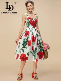 Casual Dresses LD LINDA DELLA Fashion Designer Summer Midi Dress Women Sexy Spaghetti Strap Flower Print Vacation Party Elegant Cotton