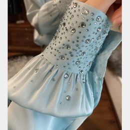 Women Drilling Faux Silk Blouse Sequined Cardigan Beaded Satin Shirts Spring Sequined OL Crop Chiffon Tops Diamonds Blusas Mujer 240127
