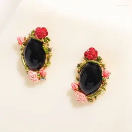 Stud Earrings European And American Enamel Glaze Rose Sensen Vintage Bump Colour Black Stone Jewellery