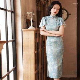 Ethnic Clothing Print Cheongsam Elegant Rayon Qipao Women Chinese Style Dress Summer Mandarin Collar Vestidos Banquet Gown