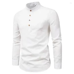 Ethnic Clothing 2024 Men's Autumn Cotton Linen Long Sleeve Blouse Solid Colour Stand Collar Shirt Fashion Slim-fitting