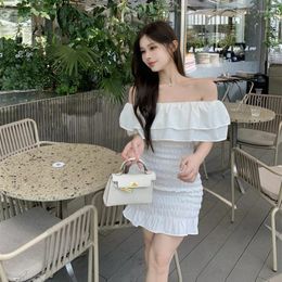 Casual Dresses French Off Shoulder Lotus Leaf Edge Women's Dress Summer Waist Wrap A-line Hip Short Pure Desire Woman Slim Skirt