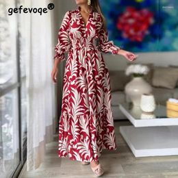 Casual Dresses Fashion Elegant Sexy V Neck Slim Long Sleeve Cotton For Women 2024 Autumn Vintage Boho Print Tunic Maxi Dress Robe Femme