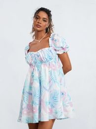 Casual Dresses Women Short Puff Sleeve Square Neck Floral Print A Line High Waist Ruched Tie-Up Front Dress Summer Mini