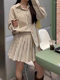 Work Dresses Casual Loose Blouses And Mini Skirt 2 Piece Outfits Stripe Cardigan Long Sleeve Shirts Fashion Waist Tighten Short Sets