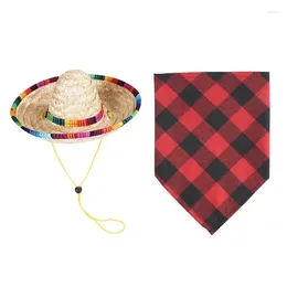 Dog Apparel Pet Straw Hat Funny Sombrero Caps Mexican Towel Set Washable Cat Scarf Accessories Plaid Mouth Party Decorations