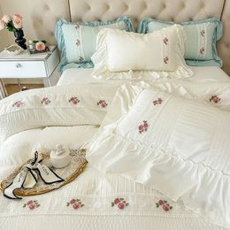 Elegant Lace Bubble Gauze Duvet Cover Set with Bed Sheet Princess Style Soft Skin Friendly Bedding French Romantic Sets 240131