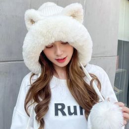 Winter Hats For Women Beanie Cute Cat Ear Knitted Bonnet Femme Thick Velvet Keep Warm Winter Cap With Pompom Gorro 240122