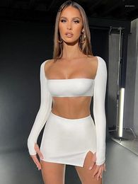 Work Dresses Dulzura Women Sexy Y2K Clothes 2 Pieces Lace Up Long Sleeve Backless Crop Top Side Slit Bodycon Mini Skirts Matching Set Club