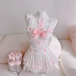 Work Dresses Lolita Style Sets Women Cute Lace Trim Cropped Bow Decoration Mini Pleated Skirts 2 Piece For Sweet Girl Kawaii Clothes