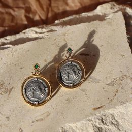 Stud Earrings Vintage Retro Green Stone Coins For Women Jewellery Runway Party T Show Fancy Trendy Boho INS Japan Korea