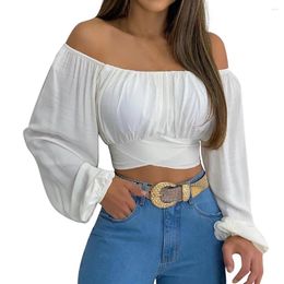 Women's Blouses Women Elegant Off Shoulder Print Blouse Sexy Lace Up Bow Backless Slim Shirt Casual Long Sleeve Crop Top Streetwear Tunic