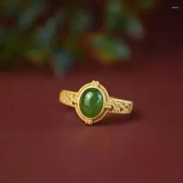 Cluster Rings Natural Green Hand Carved Egg Faced Jade Ring Fashion Boutique Men's And Women's 24K Gold-plated Gift Opening Adjustable