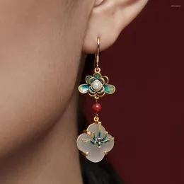 Dangle Earrings HOYON Ancient Gilt Craftsmanship Oriental Classical Painted Enamel Lotus Tassels White Jade