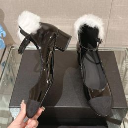 Dress Shoes Black And White Colour Matching Medium Heeled High-quality Fabric Women's High Heels With Wool