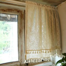 Curtain Cotton And Linen Curtains Retro Double Layered Kitchen Cabinet Door Cafe Window Drapes Tassel Decor
