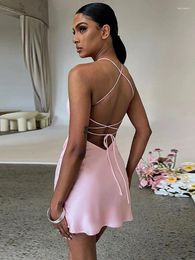 Casual Dresses Hirigin Elegant Sexy Backless Bandage Mini Club Party Summer Slip Dress Sleeveless Silky High Waist Solid