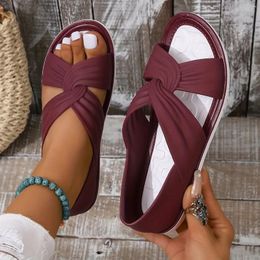 Sandals Women Cross Strap Flat Casual Slip On Summer Shoes Lightweight Cut Out Design PVC