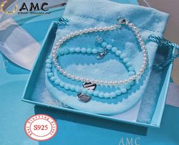 AMC 925 sterling silver pearl bracelet ladies jewelry bracelet holiday gift silver knot color round bead bracelet combination6375158