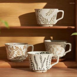 Mugs 300ML Ceramic Mug Large Coffee Cup Tea Home Office Big Breakfast Milk Juice Leaf Pattern Porcelain Drinkware