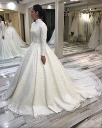 Muslim Beaded Arabic Lace Ball Gown High Neck Long Sleeves Bridal Dresses Vintage Sexy Wedding Gowns s