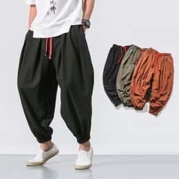 Cotton Linen Harem Pants Men Solid Elastic Waist Streetwear Joggers Baggy Pants Spring Men Loose Casual Trousers Men Sweatpants 240126