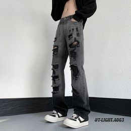 Men's Jeans Foufurieux American Scraped Torn Men Summer Autumn Hiphop High Street Pants Retro Straight Tube Loose Wide Leg Denim