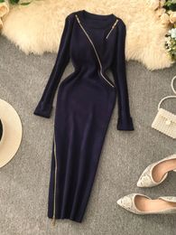 Slim 2024 Zipper Autumn Dresses Winter Bodycon Knitted Sweater Midi Pencil Dress Party Knee Length Women Casual Office Vestidos 240122