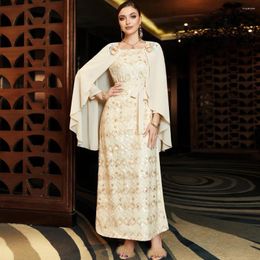 Ethnic Clothing Beige Sequin Flower Chiffon Shawl Dress Middle Eastern Arab Hand Sewn Diamond Robe