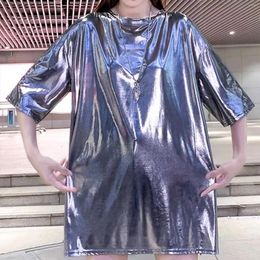 Women's T Shirts 2024 Womens Fashionable Plus Size Short Sleeve Shiny Metallic Loose T-shirt Top Solid Colour Mini Dress Casual Daliy Wear