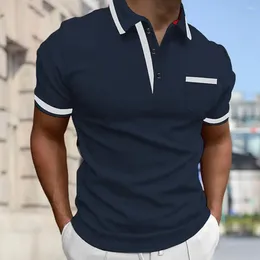 Men's Polos Comfortable Lapel Button Top Breathable Slim Fit Summer Shirt With Contrast Color Patch Pocket Turn-down Collar For Casual