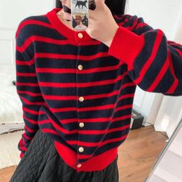 Women's Knits Korean Striped Knitted Red Single Breasted Cardigans Outwear Wool Blend Vintage Round Neck Loose Sweater 2024 Spring