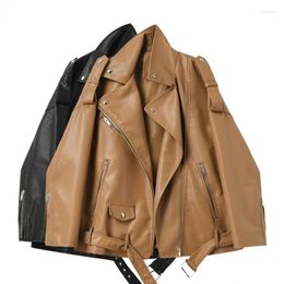 Women's Leather Spring Autumn Faux Jackets Women Loose Casual Coat Female Drop-shoulder Motorcycles Locomotive Outwear With Belt Jaqueta