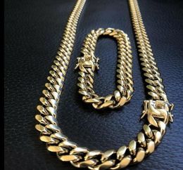 10mm Mens Miami Cuban Link Bracelet Chain Set 14k Gold Plated Stainless Steel1800480