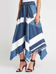 Women Plus Size Striped Denim Skirt Asymmetric Hem Knot Waist Irregular Hem Patchwork High Street Y2K Pleated A-Line Long Skirt 240130