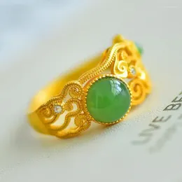 Cluster Rings Green Jade Zircon Hollow Ring 925 Sterling Silver Nephrite Hetian Jades Diamond Exquisite Patterns Golden Adjustable Women