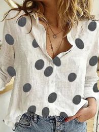 Elegant Cotton Linen Shirts Women Polka Dot Print Button Lapel Blouses Shirts Simple Commute Long Sleeve Loose Tops Tunic Blusas 240202