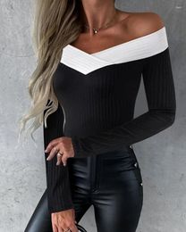 Women's T Shirts Women Sexy Slim Fit Off Shoulder Tops Full Sleeve Splice V Neck Solid Sheath Regular Top Autumn 2024 Pleated Tees Casual