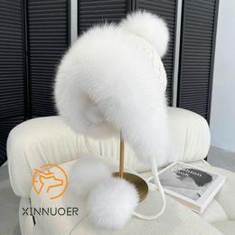 Ladies Fox Fur Princess Hat Winter Fashion Casual Business Warm Knitted Hat 100% Natural Fox Fur 240122